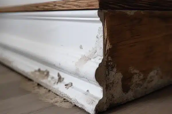 Worn out baseboard before repair.