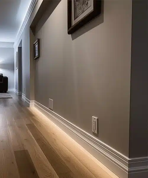 Neatly installed baseboards providing an aesthetic touch and wall protection.